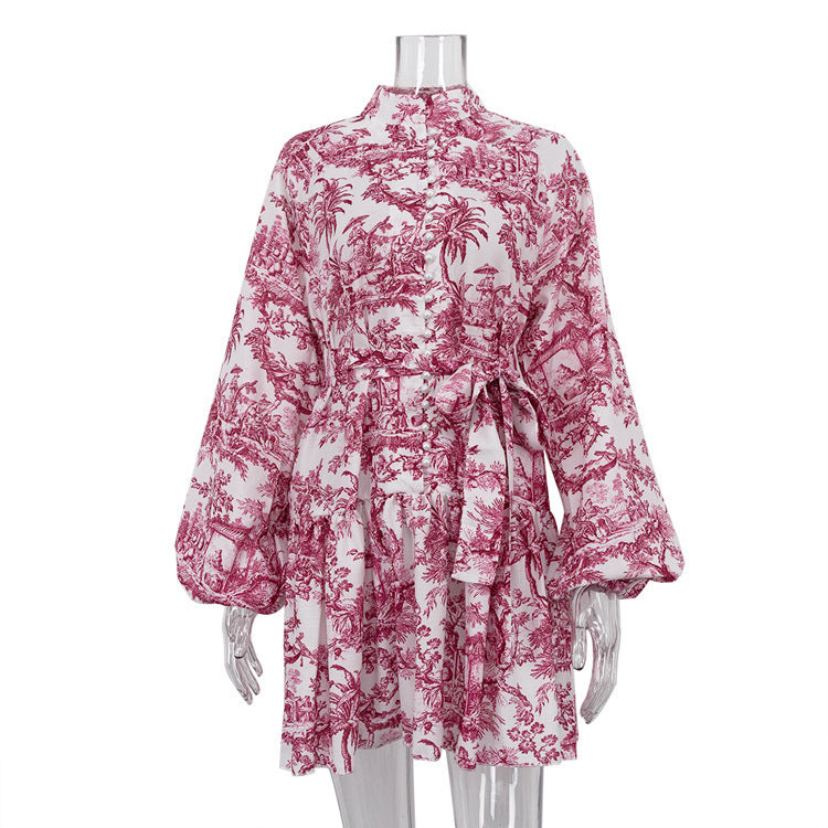 Long Sleeve Short Dress With Fashion Puffy Sleeve Lapel Tie A-Line Dress Clothing
