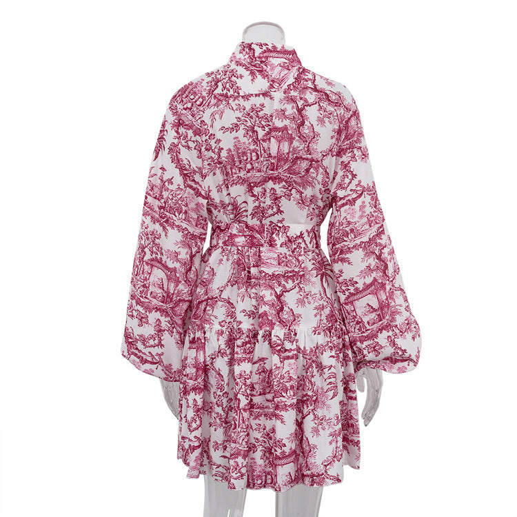 Long Sleeve Short Dress With Fashion Puffy Sleeve Lapel Tie A-Line Dress Clothing